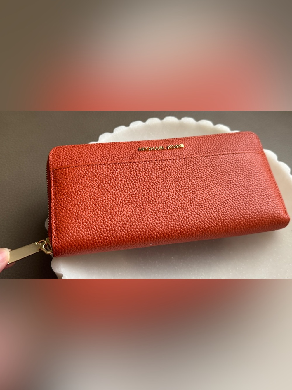 Michael Kors Coral Orange Pebbled Leather Zip Wallet with Gold Logo